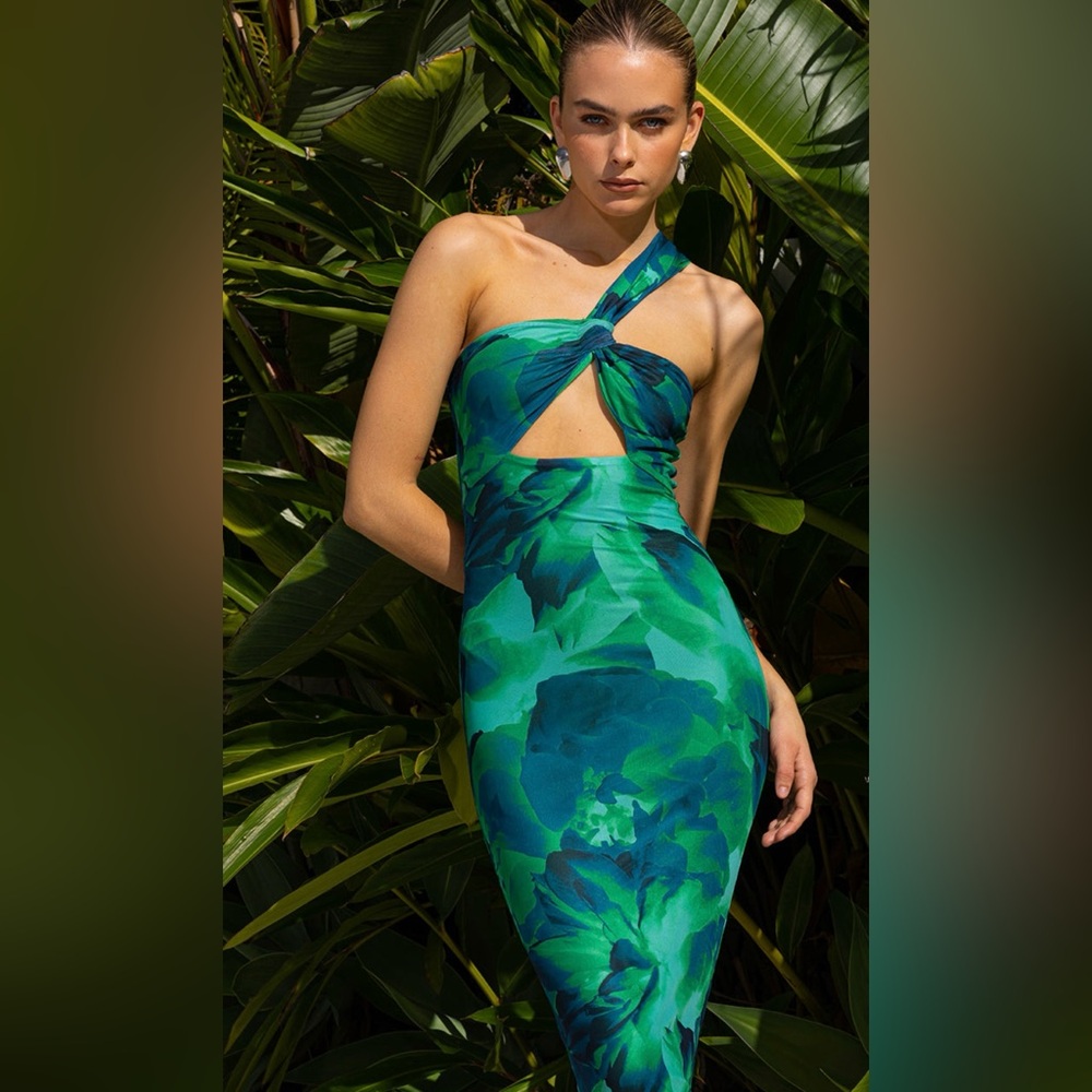 Elegant RNWY (Runaway the Label) Green Floral One-Shoulder Dress NWT